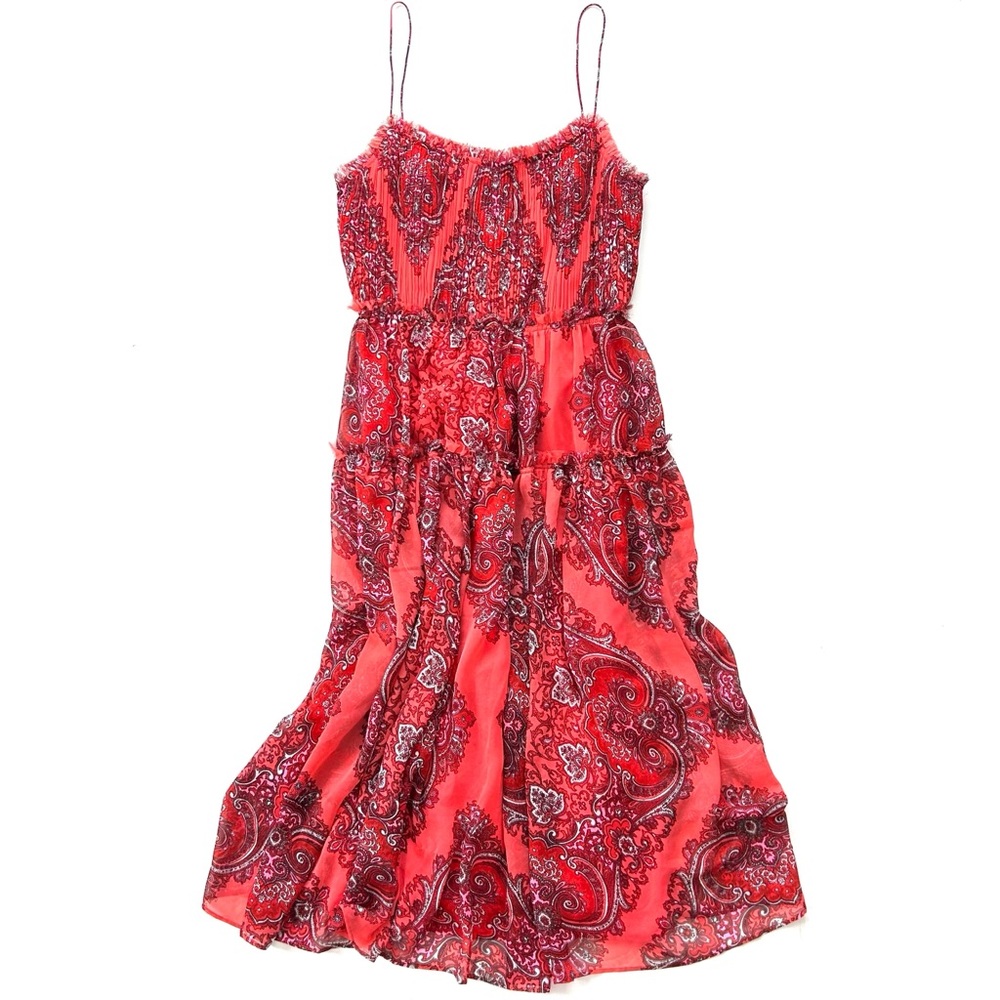 Banana Republic Red Orange Paisley Print Spaghetti Strap Tiered Midi Dress